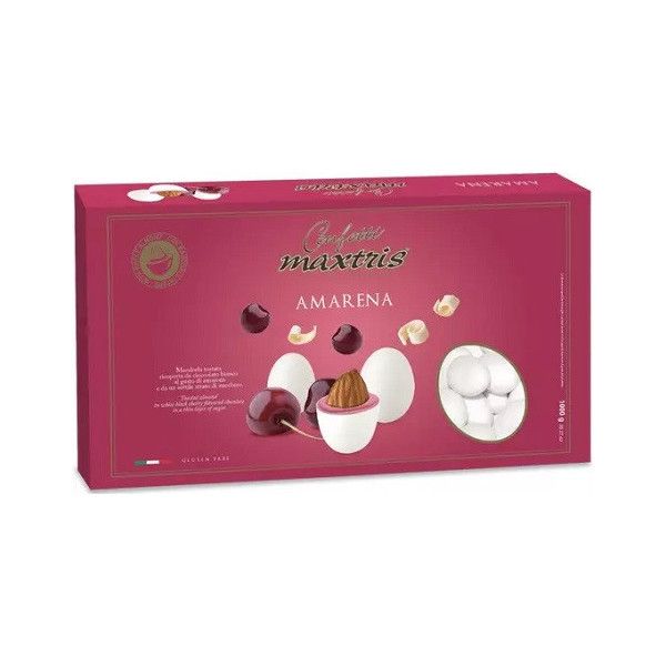 Maxtris Amarena: confetti bianchi con mandorla tostata avvolta con cioccolato bianco al gusto di amarena