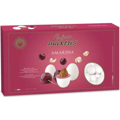 Maxtris Amarena: confetti bianchi con mandorla tostata avvolta con cioccolato bianco al gusto di amarena