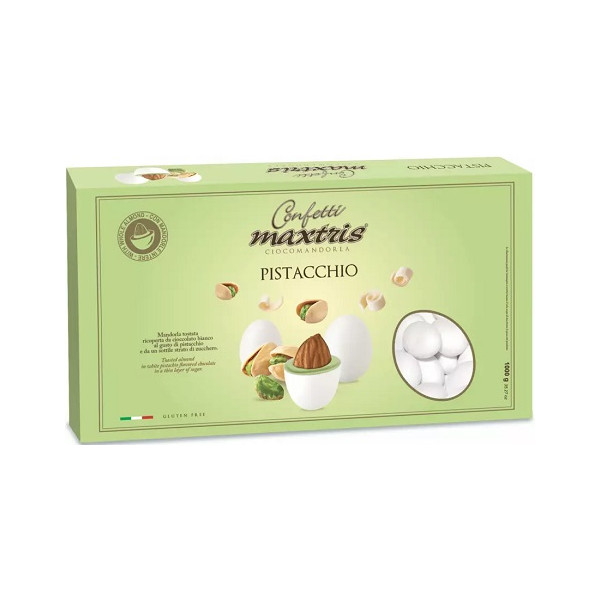 Maxtris Pistacchio, confetti bianchi da 1 Kg: mandorla tostata e cioccolato bianco aromatizzato al gusto pistacchio