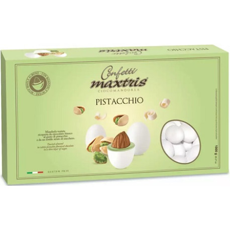 Maxtris Pistacchio, confetti bianchi da 1 Kg: mandorla tostata e cioccolato bianco aromatizzato al gusto pistacchio Maxtris Pistacchio, confetti bianchi da 1 Kg: mandorla tostata e cioccolato bianco aromatizzato al gusto pistacchio