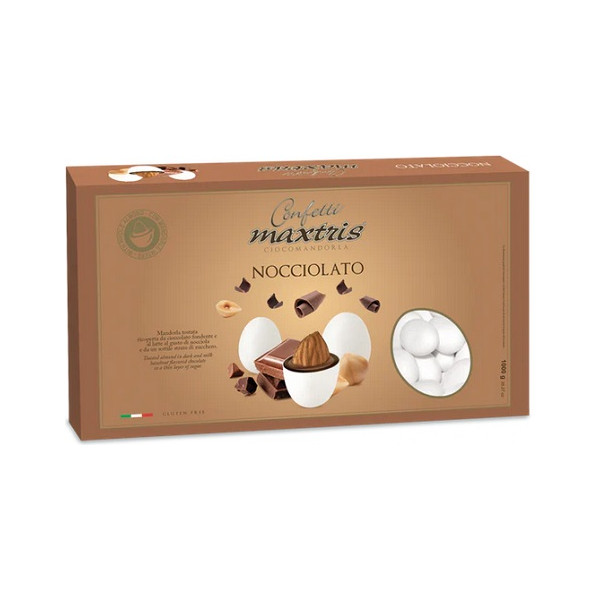 Maxtris Nocciolato, confetti bianchi da 1 Kg: mandorla tostata ricoperta di cioccolato bianco e fondente al gusto nocciola