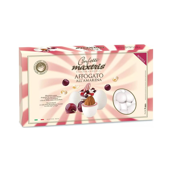 Maxtris Affogato all'Amarena, confetti bianchi da 1 Kg: mandorla tostata e cioccolato bianco aromatizzato al gusto amarena