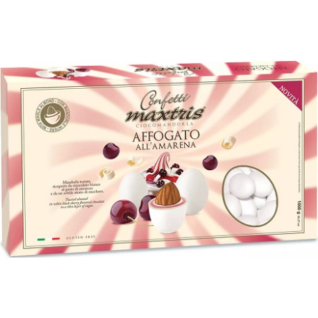 Maxtris Affogato all'Amarena, confetti bianchi da 1 Kg: mandorla tostata e cioccolato bianco aromatizzato al gusto amarena