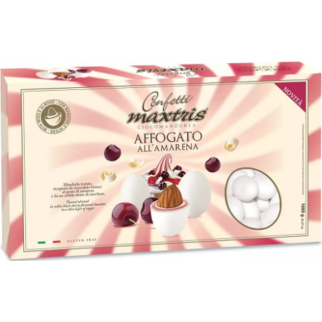 Maxtris Affogato all'Amarena, confetti bianchi da 1 Kg: mandorla tostata e cioccolato bianco aromatizzato al gusto amarena Maxtris Affogato all'Amarena, confetti bianchi da 1 Kg: mandorla tostata e cioccolato bianco aromatizzato al gusto amarena