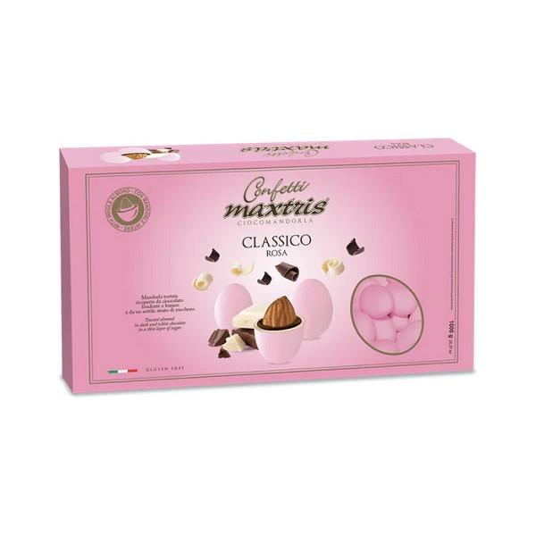 Maxtris Classico Rosa, confetti rosa da 1 Kg: mandorla tostata ricoperta di cioccolato fondente e bianco