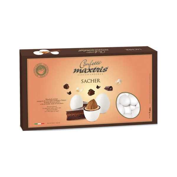 Maxtris Sacher 1 Kg: confetti bianchi con mandorla tostata avvolta con cioccolato bianco e fondente al gusto torta sacher