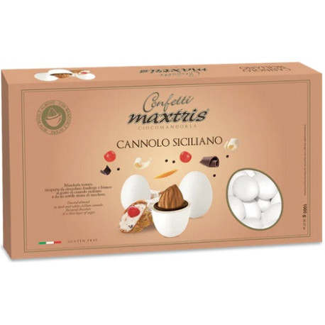 Maxtris Cannolo Siciliano: confetti bianchi con mandorla tostata e cioccolato fondente e bianco al gusto cannolo siciliano Maxtris Cannolo Siciliano: confetti bianchi con mandorla tostata e cioccolato fondente e bianco al gusto cannolo siciliano