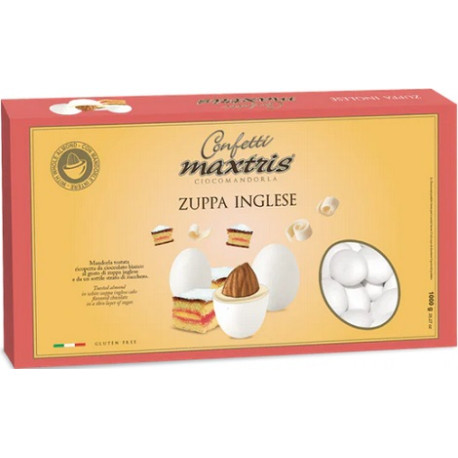 Maxtris Zuppa Inglese, confetti bianchi da 1 Kg: mandorla tostata e cioccolato bianco al gusto crema zuppa inglese Maxtris Zuppa Inglese, confetti bianchi da 1 Kg: mandorla tostata e cioccolato bianco al gusto crema zuppa inglese