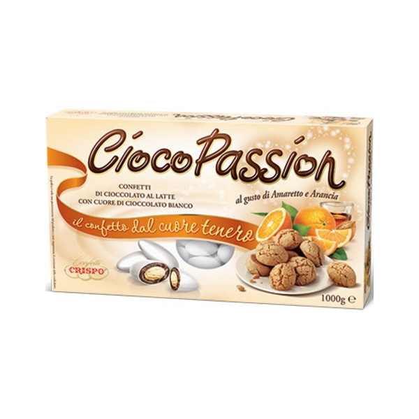 Ciocopassion amaretto e arancia Crispo 1 Kg: confetti bianchi con cioccolato al latte e cioccolato bianco