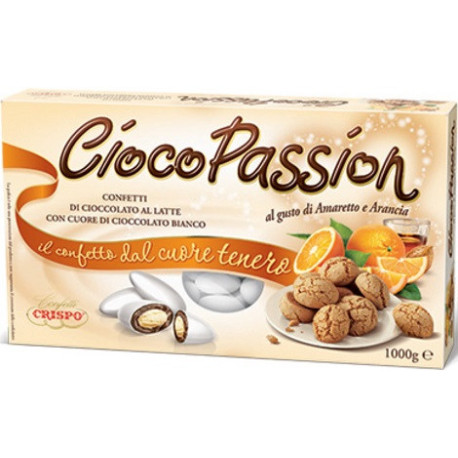 Ciocopassion amaretto e arancia Crispo 1 Kg: confetti bianchi con cioccolato al latte e cioccolato bianco
