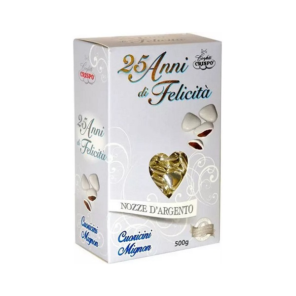 Confetti Cuoricini Mignon Argento 500 g: confetti al cioccolato a dorma di piccoli cuoricini argento di Crispo