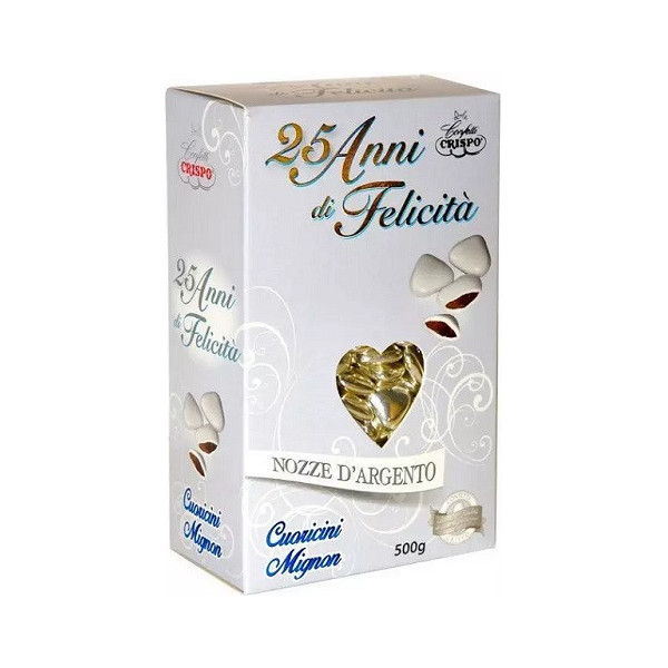 Confetti Cuoricini Mignon Argento 500 g: confetti al cioccolato a dorma di piccoli cuoricini argento di Crispo
