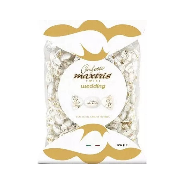 Twist Maxtris bianco wedding da 1 Kg confetti bianchi cioco-mandorla classico incartato in busta da 1 Kg