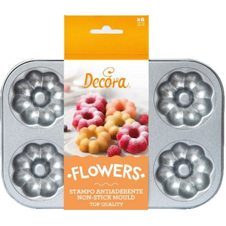 Flowers, plateau o teglia 6 ciambelle fiori diametro 7,5 cm in acciaio antiaderente da Decora