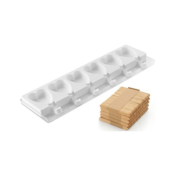 Stampo Mini Heart-IC da Silikomart, set 2 Stampi mini gelati Cuore Mini o + 2 Vassoi + 100 bastoncini Stecco in legno