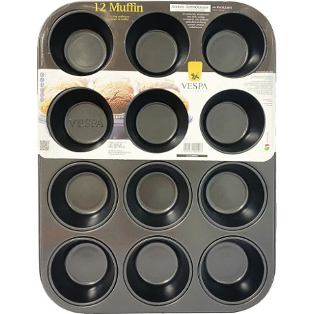 Stampo 12 muffin o cupcake tondi di ø7 cm di Vespa in acciaio antiaderente teglia 35 x 26,5 x h 3 cm Stampo 12 muffin o cupcake tondi di ø7 cm di Vespa in acciaio antiaderente teglia 35 x 26,5 x h 3 cm