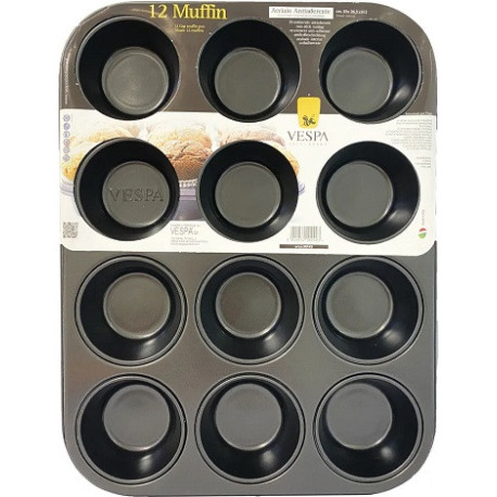 Stampo 12 muffin o cupcake tondi di ø7 cm di Vespa in acciaio antiaderente teglia 35 x 26,5 x h 3 cm