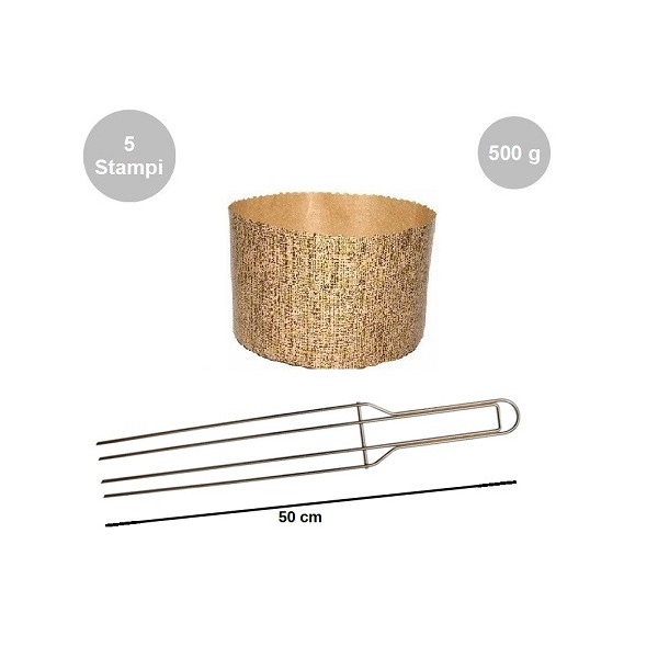 Kit Spillone 4 punte da 50 cm acciaio con 5 stampi panettone alto in carta da 500 g