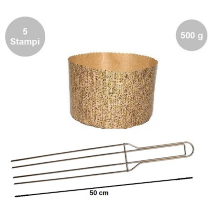Kit Spillone 4 punte da 50 cm acciaio con 5 stampi panettone alto in carta da 500 g Kit Spillone 4 punte da 50 cm acciaio con 5 stampi panettone alto in carta da 500 g