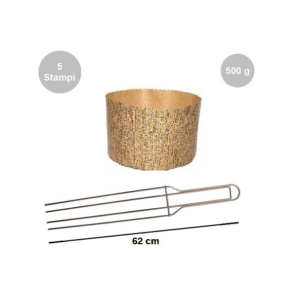 Kit spillone 4 punte in acciaio da 62 cm con 5 stampi panettone alto in carta da 500 g