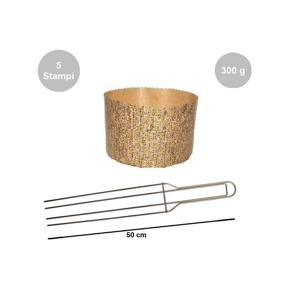 Kit spillone 4 punte acciaio da 50 cm con 5 stampi panettone alto in cellulosa da 300 g