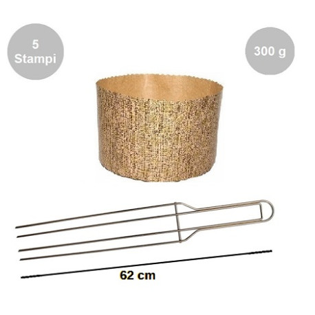 Kit spillone 4 punte in acciaio da 62 cm con 5 stampi panettone alto in cellulosa 300 g Kit spillone 4 punte in acciaio da 62 cm con 5 stampi panettone alto in cellulosa 300 g