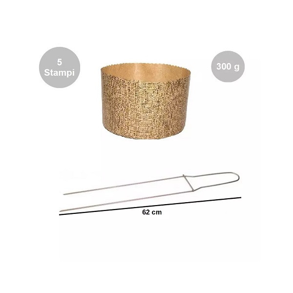 Kit spillone 2 punte in acciaio 62 cm con 5 stampi panettone alto in cellulosa 300 g