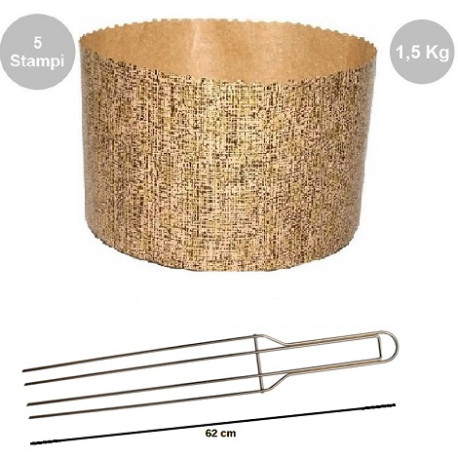 Kit spillone 4 punte da 62 cm acciaio con 5 stampi panettone alto in carta da 1500 g Kit spillone 4 punte da 62 cm acciaio con 5 stampi panettone alto in carta da 1500 g