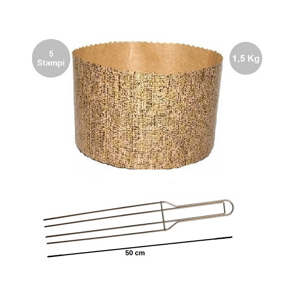 Kit spillone 4 punte da 50 cm acciaio con 5 stampi panettone alto in carta da 1500 g