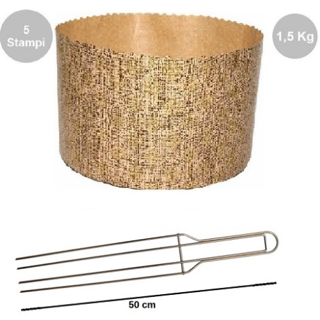Kit spillone 4 punte da 50 cm acciaio con 5 stampi panettone alto in carta da 1500 g Kit spillone 4 punte da 50 cm acciaio con 5 stampi panettone alto in carta da 1500 g