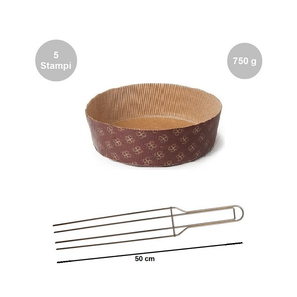 Kit spillone 4 punte da 50 cm con 5 stampi panettone basso in cellulosa da 750 g