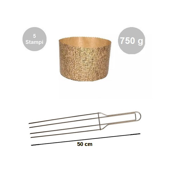 Kit spillone 4 punte in acciaio da 50 cm con 5 stampi panettone alto in carta da 750 g