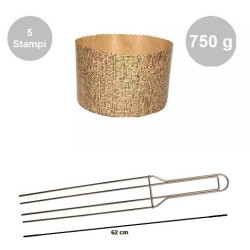Kit Panettone Alto 750g: 5 Stampi in Carta Professionale + Spillone Raffreddamento DECORA Inox 4 punte 62 cm