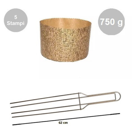 Kit spillone 4 punte da 62 cm in acciaio con 5 stampi panettone alto in carta da 750 g Kit spillone 4 punte da 62 cm in acciaio con 5 stampi panettone alto in carta da 750 g