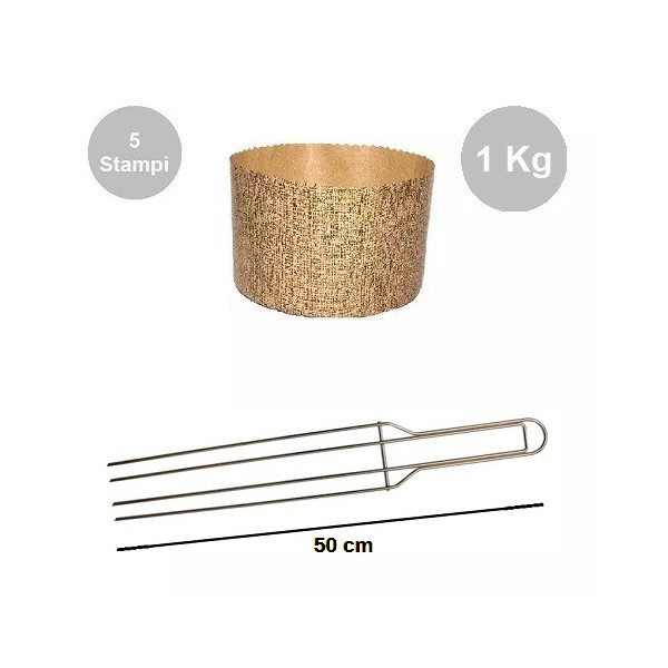 Kit spillone 4 punte da 50 cm in acciaio con 5 stampi panettone alto in carta da 1 Kg