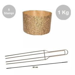 Kit Panettone Alto 1Kg: 5 Stampi in Carta Professionale + Spillone Raffreddamento DECORA Inox 4 punte 62 cm
