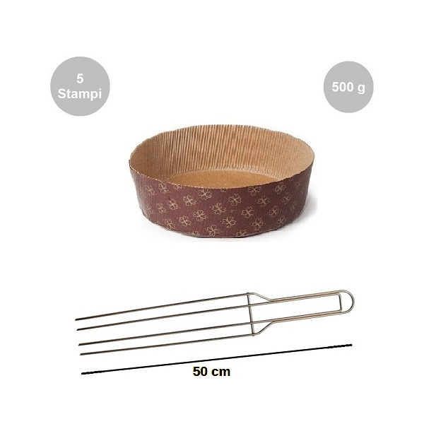Kit spillone 4 punte 50 cm acciaio con 5 stampi panettone basso in carta da 500 g