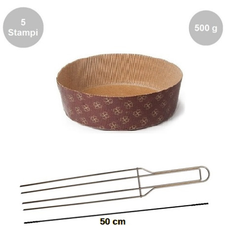Kit spillone 4 punte 50 cm acciaio con 5 stampi panettone basso in carta da 500 g Kit spillone 4 punte 50 cm acciaio con 5 stampi panettone basso in carta da 500 g