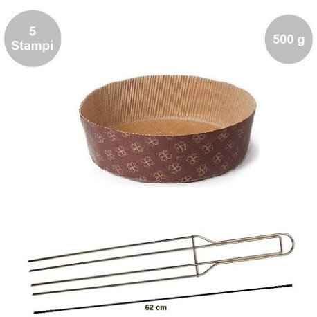 Kit Panettone Basso 500g: 5 Stampi in Carta Professionale + Spillone Raffreddamento DECORA Inox 4 punte 62 cm