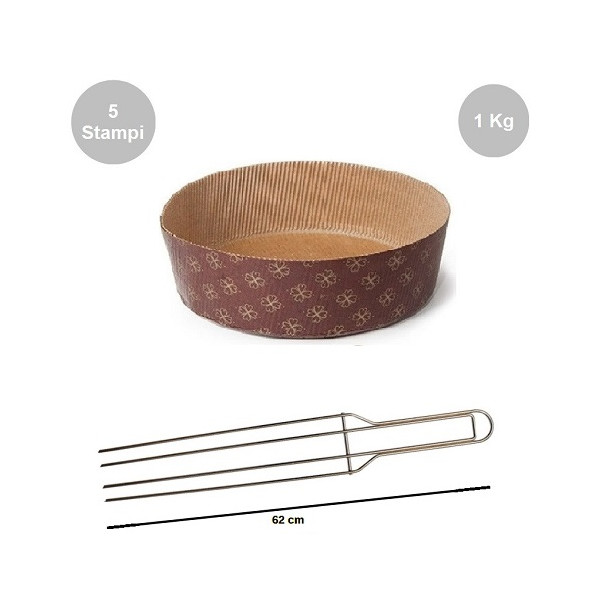 Kit spillone 4 punte in acciaio da 62 cm con 5 stampi panettone basso in carta da 1 Kg