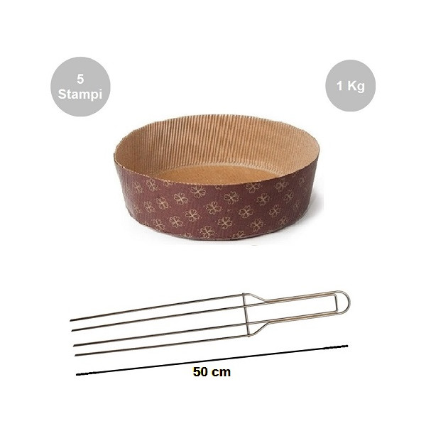 Kit spillone 4 punte in acciaio da 50 cm con 5 stampi panettone basso in carta da 1 Kg