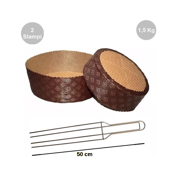 Kit spillone 4 punte 50 cm in acciaio con 2 stampi panettone basso in carta da 1500 g