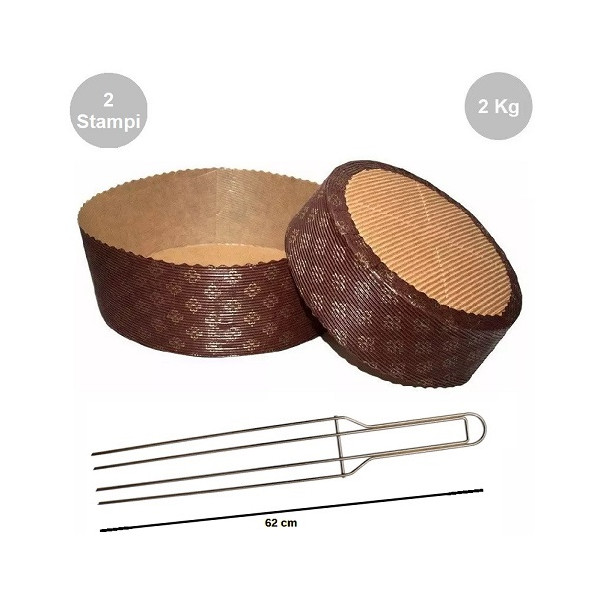 Kit spillone 4 punte da 62 cm in acciaio con 2 stampi panettone basso in carta 2 Kg