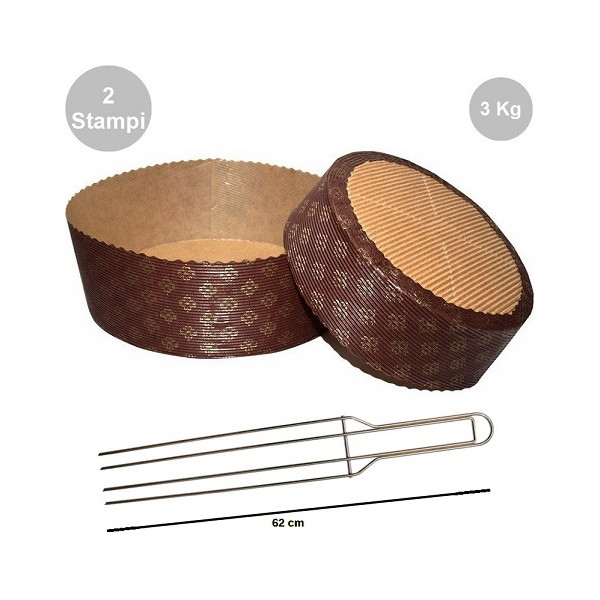 Kit spillone 4 punte da 62 cm in acciaio con 2 stampi panettone basso in carta da 3 Kg
