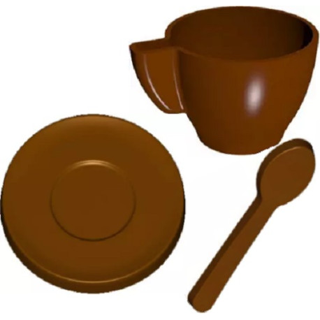 Servizio caffè: set 3 stampi in policarbonato per cioccolato, cucchiaino, piattino e tazzina caffè Servizio caffè: set 3 stampi in policarbonato per cioccolato, cucchiaino, piattino e tazzina caffè