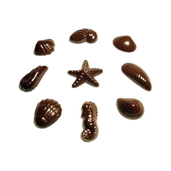 Cioccolatini frutti di mare: stampo in policarbonato 18 cavità in 9 forme assortite per un totale di 100 g