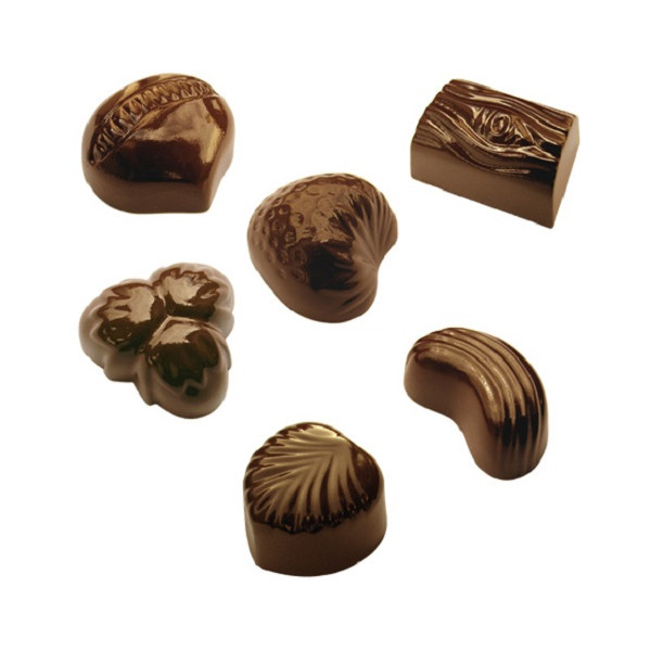 Cioccolatini misti da 9 g: stampo in policarbonato con 24 cavità suddivise in 6 forme assortite