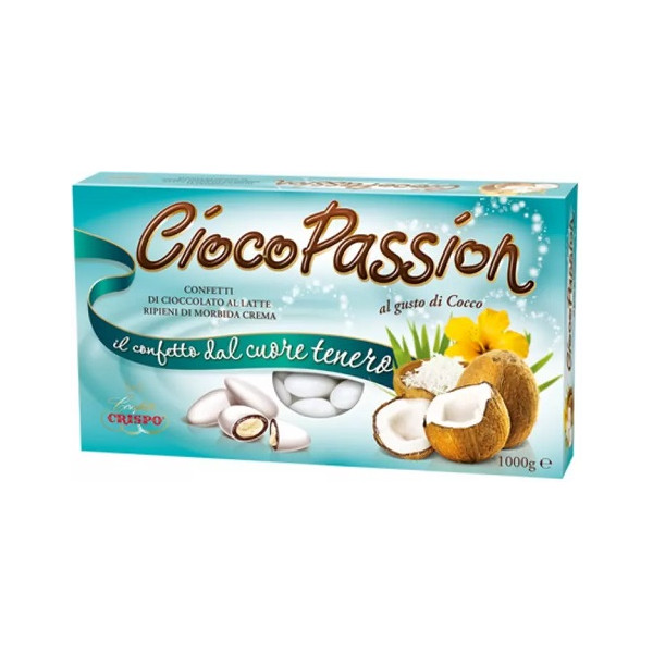 Ciocopassion al cocco Crispo 1Kg: confetti bianchi con cioccolato al latte ripieni di crema al gusto cocco