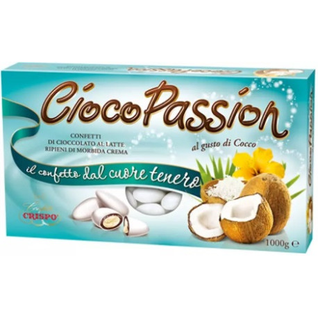 Ciocopassion al cocco Crispo 1Kg: confetti bianchi con cioccolato al latte ripieni di crema al gusto cocco Ciocopassion al cocco Crispo 1Kg: confetti bianchi con cioccolato al latte ripieni di crema al gusto cocco