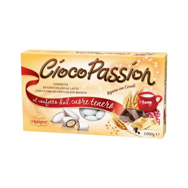 Confetti Ciocopassion  ripieno con cereali Crispo: confetti bianchi, in scatola da 1 Kg